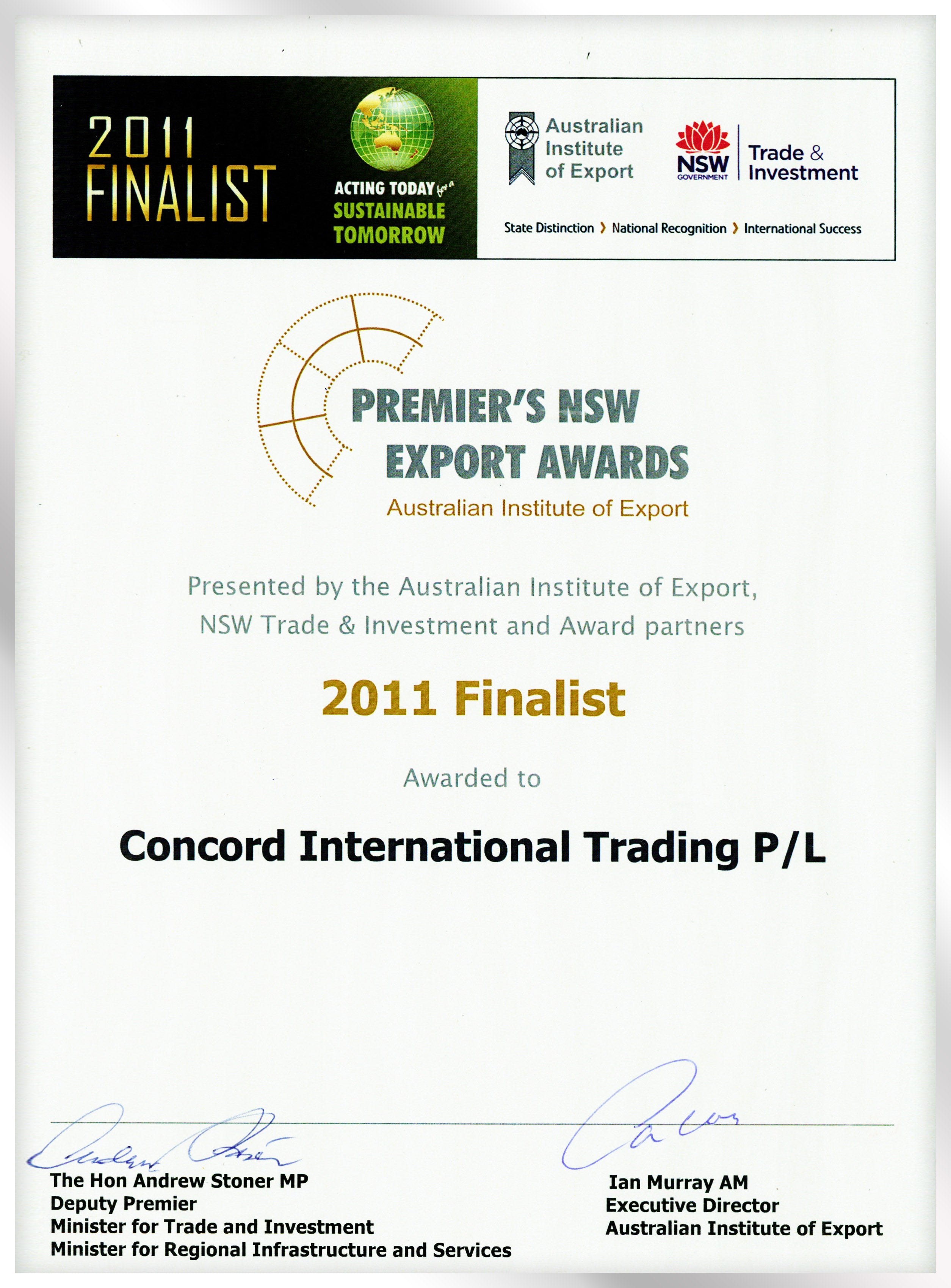 A certificate titled 'PREMIER'S NSW EXPORT AWARDS' identifying 'Concord International Trading P/L' as a '2011 Finalist'. The certificate displays logos for the Australian Institute of Export and NSW Trade & Investment, and is signed by The Hon Andrew Stoner MP, Deputy Premier, and Ian Murray AM, Executive Director of the Australian Institute of Export.