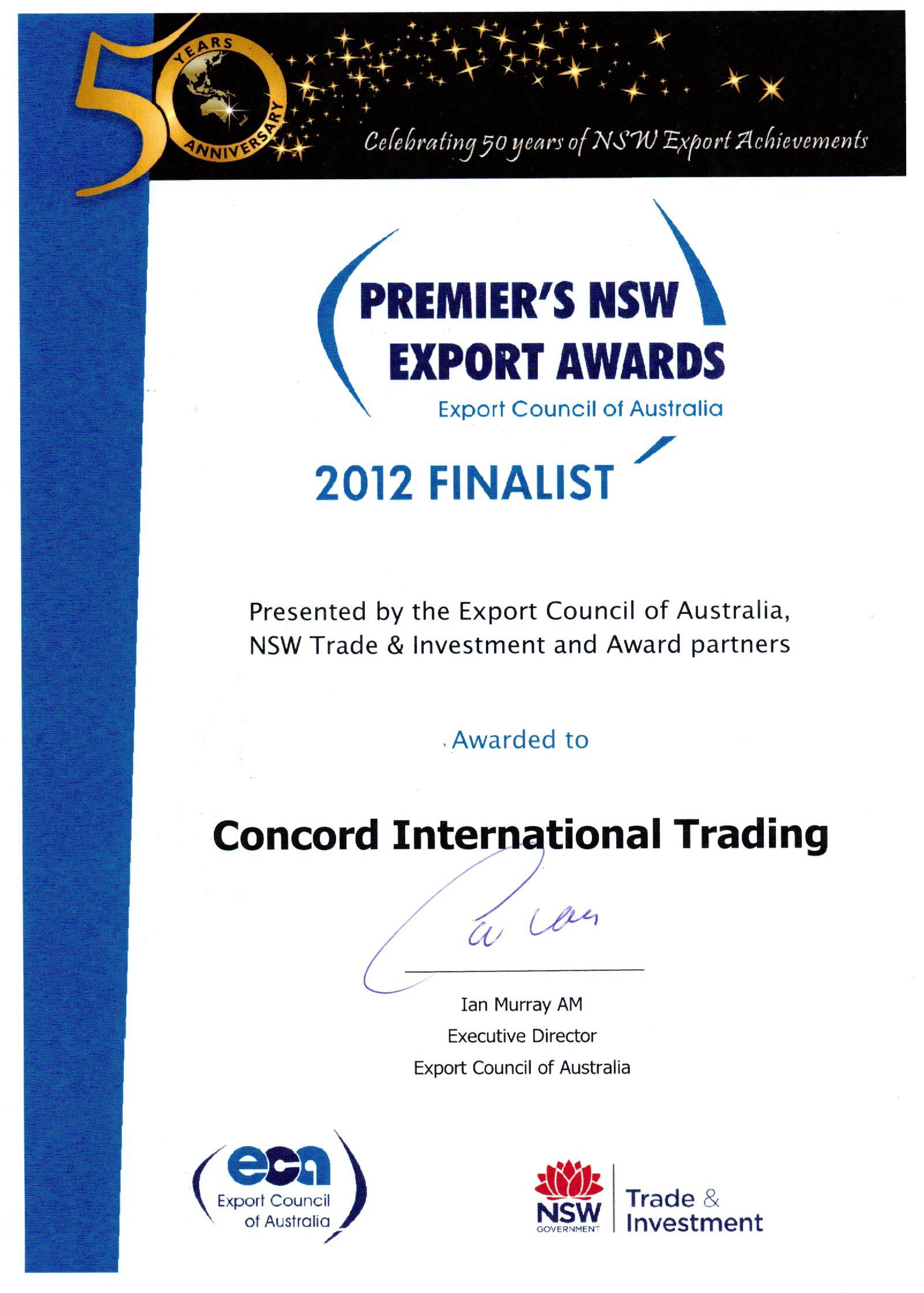 A certificate for the 'Premier's NSW Export Awards' with '2012 FINALIST' prominently displayed. The award is presented to 'Concord International Trading' by the Export Council of Australia and NSW Trade & Investment. The certificate also features a '50 ANNIVERSARY' emblem, celebrating 50 years of NSW Export Achievements, and is signed by Ian Murray AM, Executive Director of the Export Council of Australia.