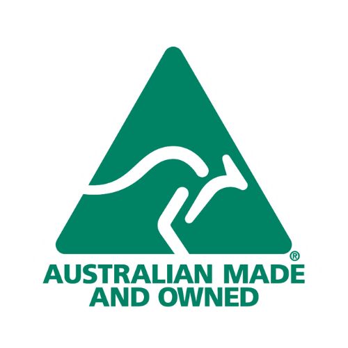 The 'Australian Made and Owned' logo, featuring a dark green triangle with a white silhouette of a leaping kangaroo inside. Below the triangle, the words 'AUSTRALIAN MADE AND OWNED' are written in bold green text. The logo is set against a plain white background.