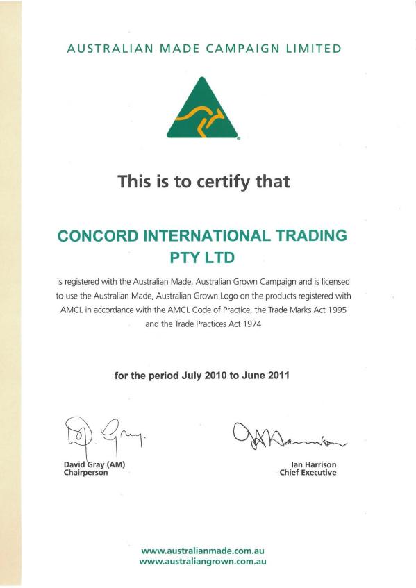 A certificate from 'AUSTRALIAN MADE CAMPAIGN LIMITED' featuring the green triangular logo with a yellow kangaroo. The certificate states 'This is to certify that CONCORD INTERNATIONAL TRADING PTY LTD' is registered with the Australian Made, Australian Grown Campaign and is licensed to use their logo for the period July 2010 to June 2011. It includes signatures from David Gray (Chairperson) and Ian Harrison (Chief Executive), with website addresses www.australianmade.com.au and www.australiangrown.com.au at