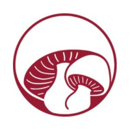 A simple, round logo with a thick reddish-brown outline. Inside the circle, two stylized white mushrooms are depicted, with a larger one on the left showing part of its cap and gills, and a smaller one on the right. The background inside and outside the circle is white.