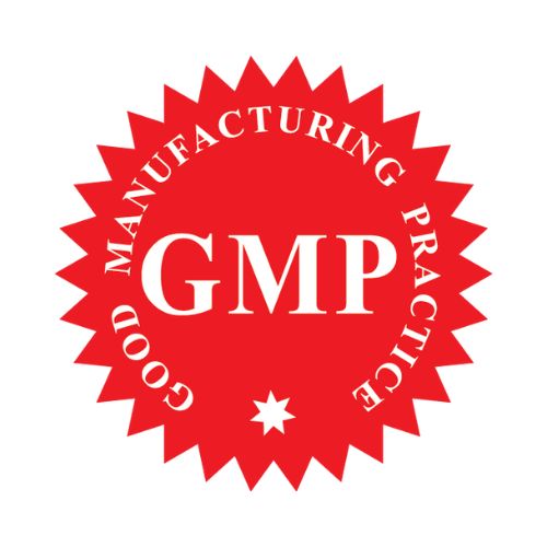 A bright red, circular seal with a jagged, star-like edge. In the center, the large white letters 'GMP' are prominently displayed. Arched around the top and bottom are the words 'GOOD MANUFACTURING PRACTICE' in white text. A small white star is at the very bottom of the central circle. The entire logo is set against a plain white background.