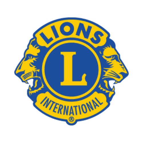 The official Lions International logo, featuring a bold blue and yellow design. A large yellow 'L' is centered on a dark blue circle, flanked by two roaring yellow lion heads facing outwards. Arched banners above and below the central circle read 'LIONS' and 'INTERNATIONAL' respectively, in yellow text on blue. The entire emblem is set against a plain white background.