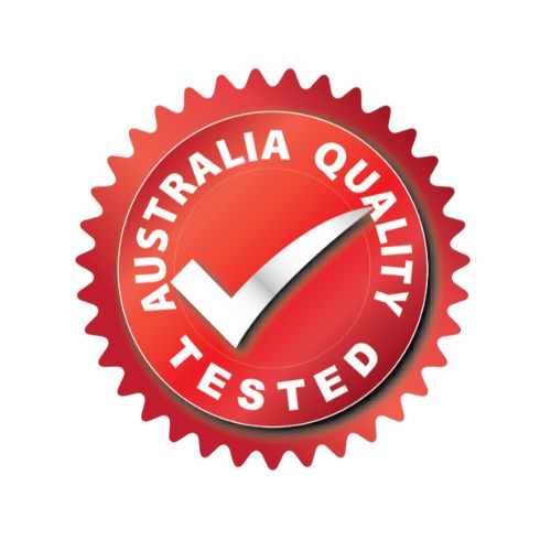 A bright red, circular seal with a jagged, star-like edge. In the center is a large white checkmark. Arched around the checkmark in white text are the words 'AUSTRALIA QUALITY TESTED'. The logo is set against a plain white background.