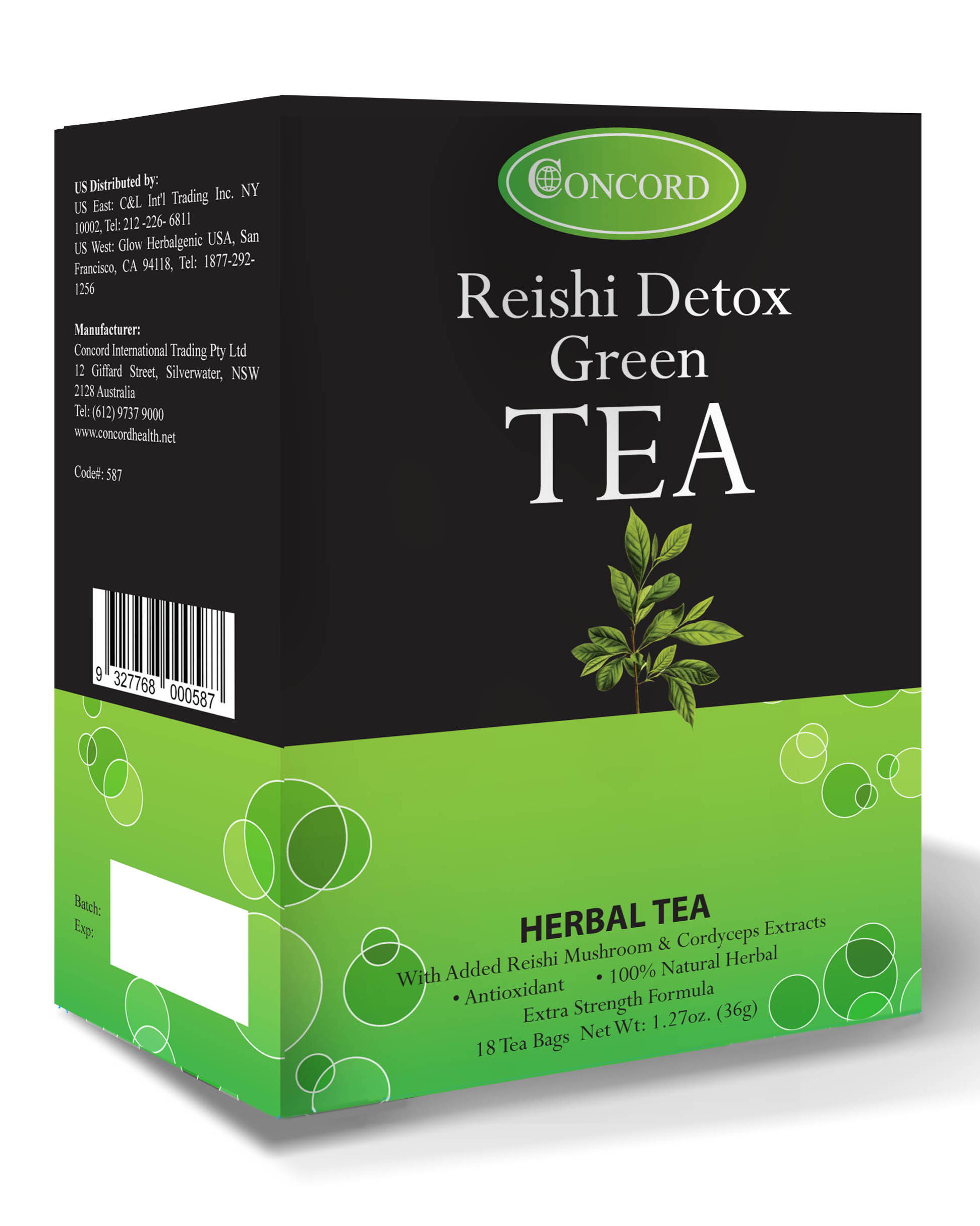 Box of Concord Reishi Detox Green Tea background removed.