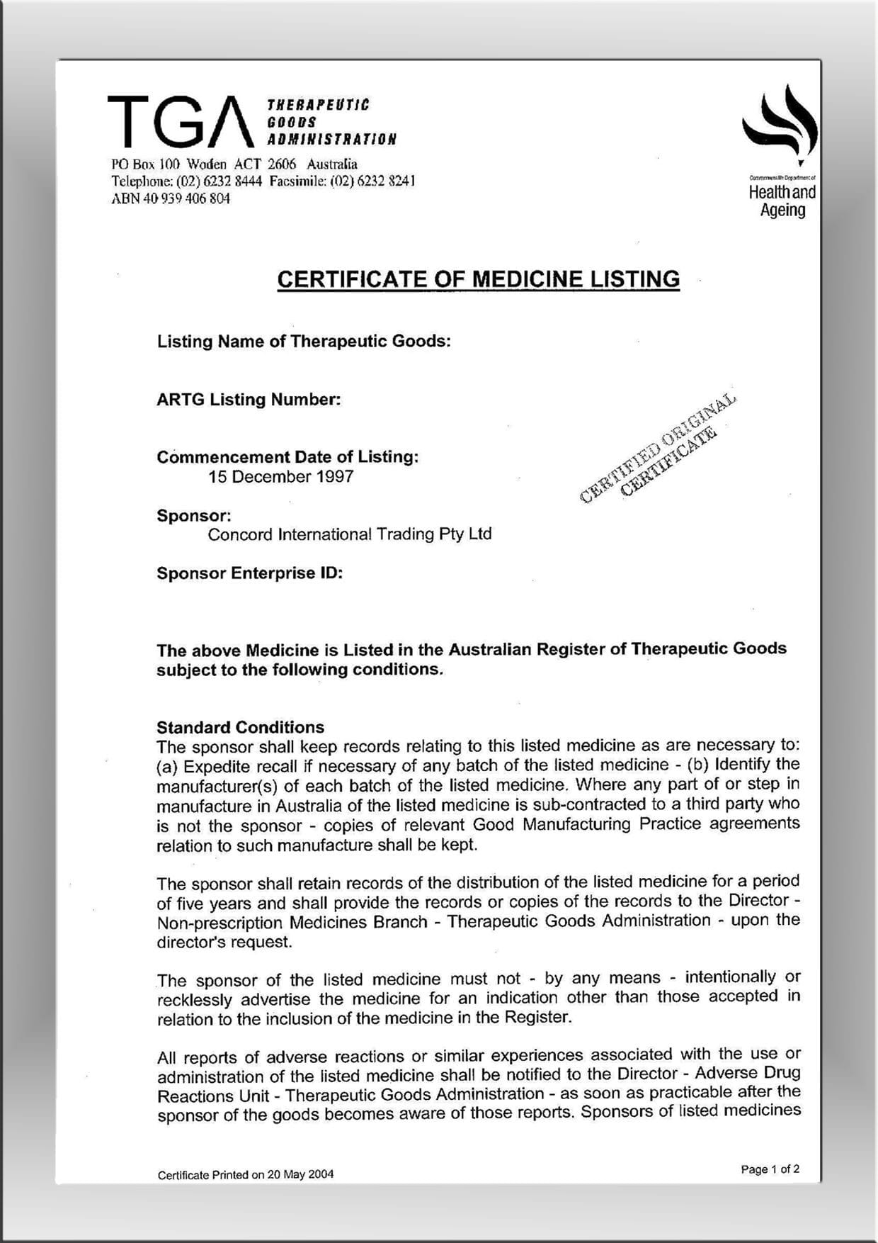A scanned document titled 'CERTIFICATE OF MEDICINE LISTING' from the TGA (Therapeutic Goods Administration). The certificate shows 'Commencement Date of Listing: 19 December 1997' and 'Sponsor: Concord International Trading Pty Ltd'. A partial 'CERTIFIED ORIGINAL CERTIFICATE' stamp is visible on the right side of the document.