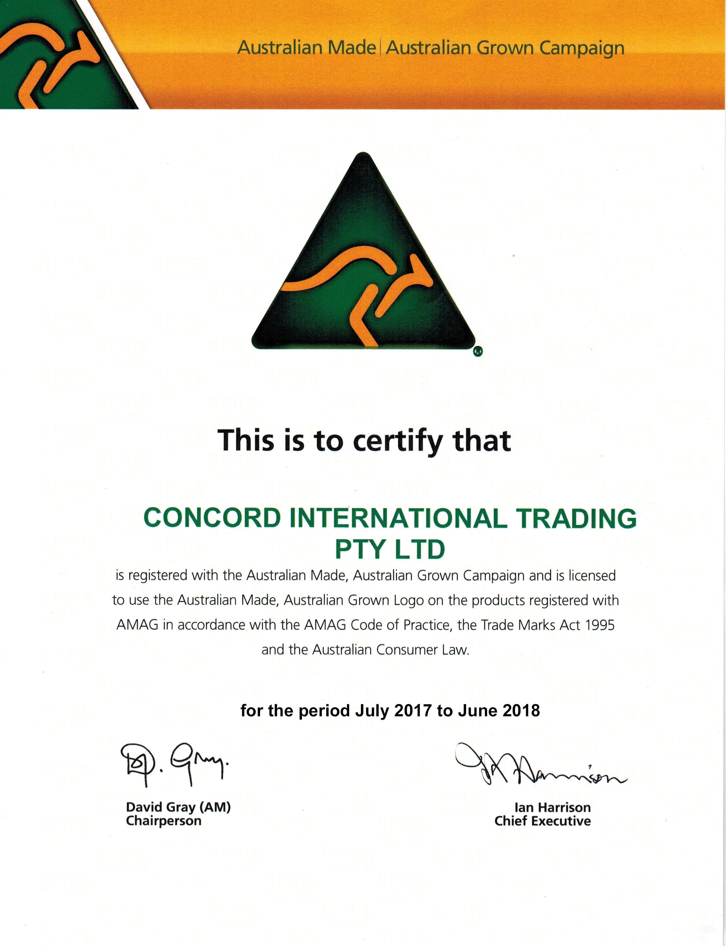A certificate for the 'Australian Made Australian Grown Campaign' featuring their distinctive green triangular logo with a yellow kangaroo. The certificate states: 'This is to certify that CONCORD INTERNATIONAL TRADING PTY LTD' is registered with the campaign and licensed to use the Australian Made, Australian Grown Logo for the period July 2017 to June 2018. It includes signatures from David Gray (Chairperson) and Ian Harrison (Chief Executive).