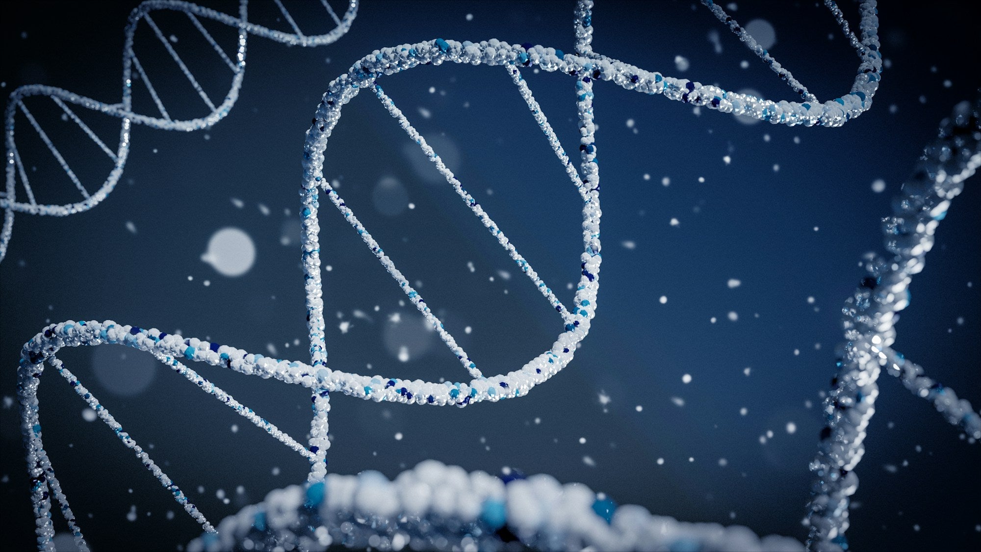 Glowing DNA double helix on a dark and blue background.