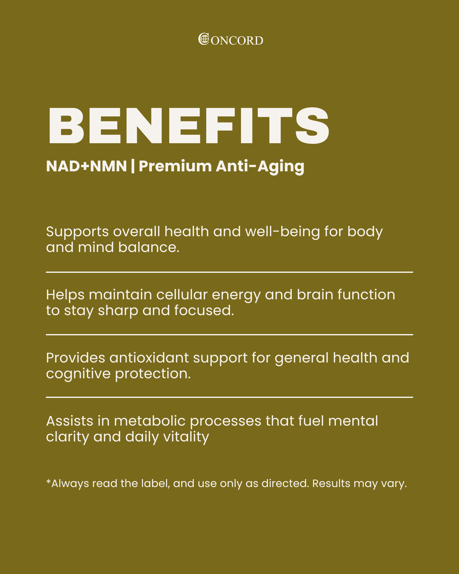Concord NAD+NMN premium anti-aging benefits on a green background