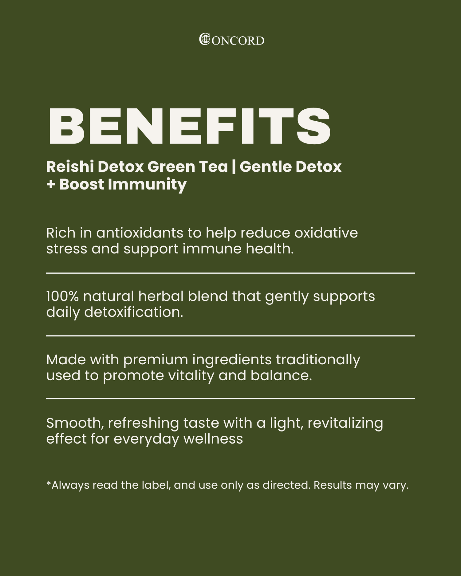 Concord Reishi Detox Green Tea benefits listed on a green background.