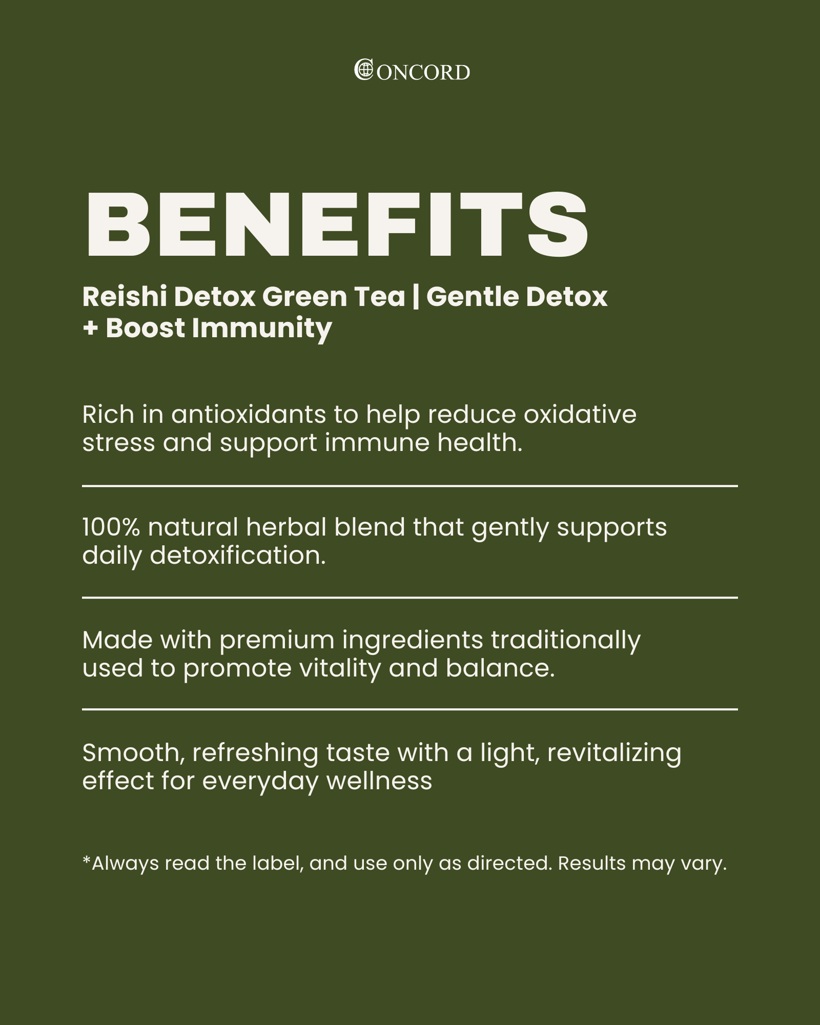 Concord Reishi Detox Green Tea benefits listed on a green background.