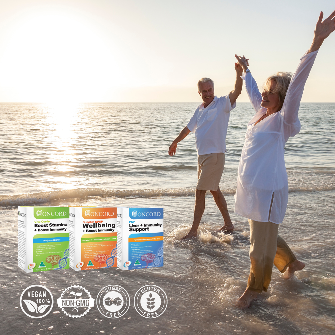 Two healthy seniors in the beach. Photo showing Vita-cordy, Sunchih GPSP and Bio PSP.