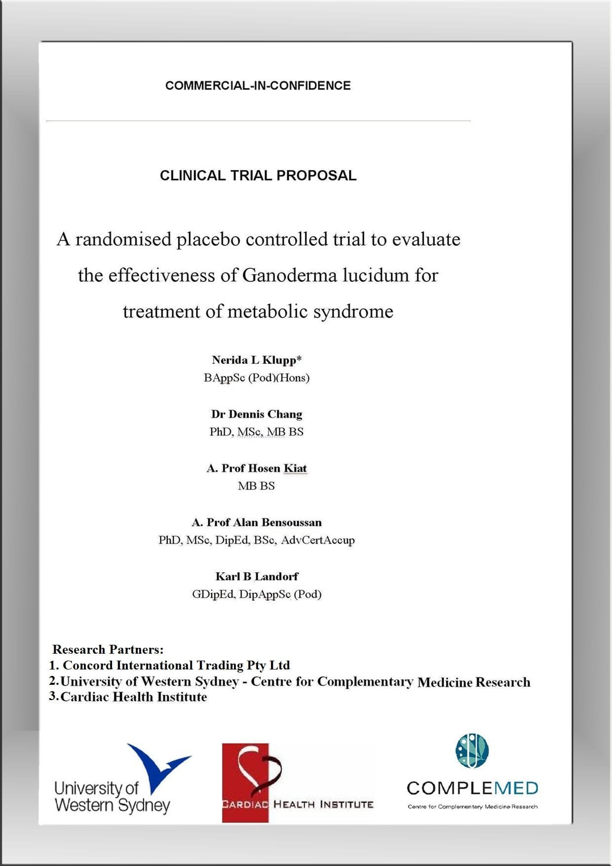 Certificate titled "Clinical Trial Proposal" with subtitle "A controlled trial to evaluate the effectiveness of Ganoderma lucidum for treatment of metabolic syndrome"