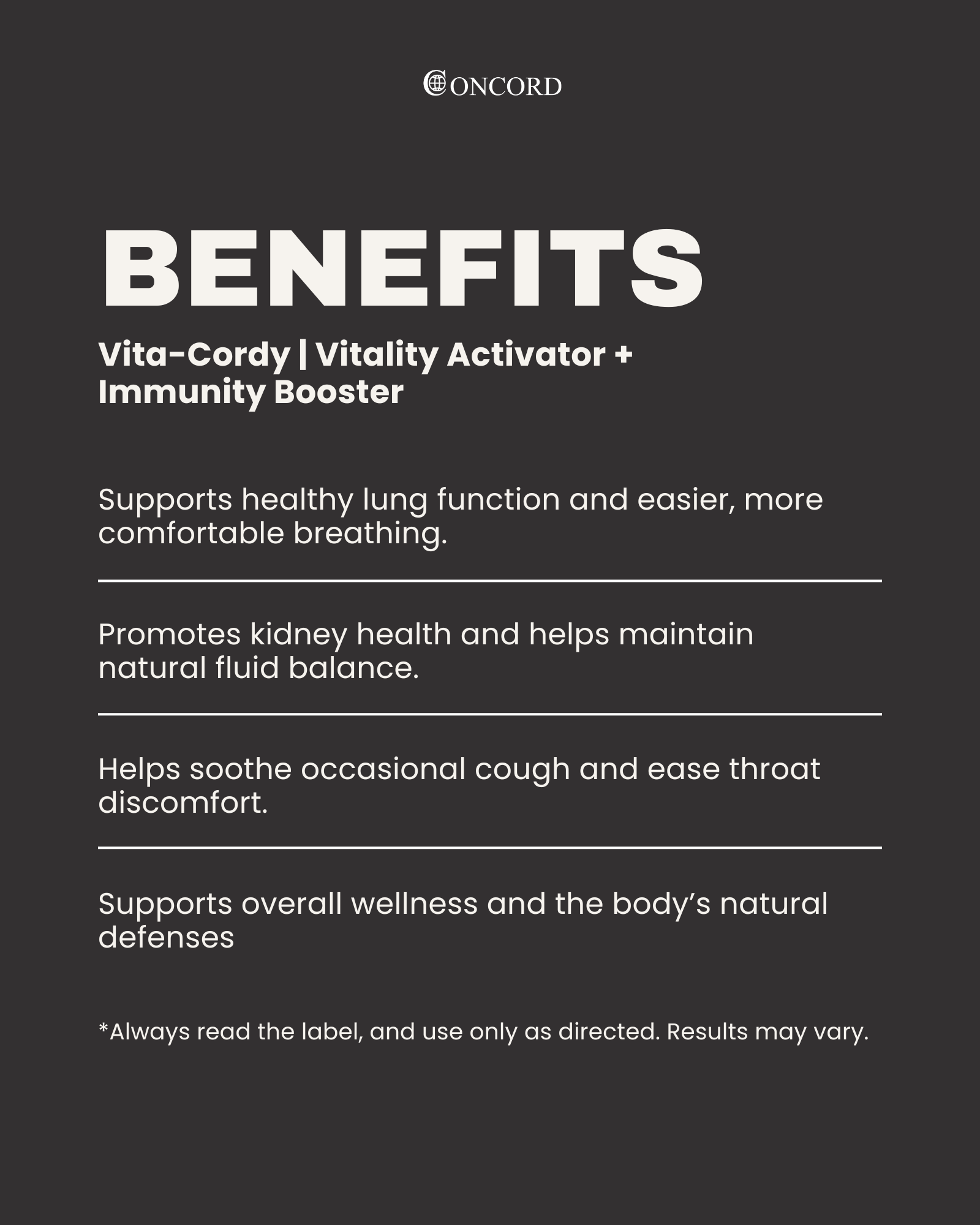 Product benefits of Vita-Cordy on a black background with white text.