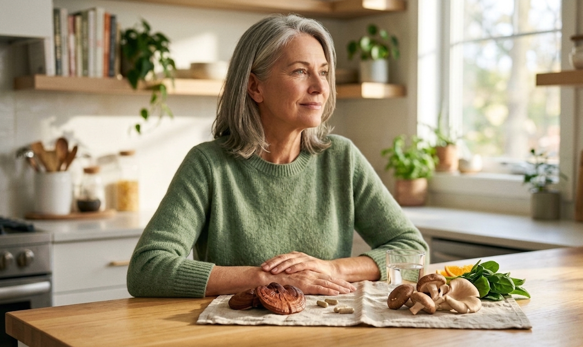 A modern professional focusing on productivity at a clean desk with a mushroom supplement and a healthy snack.