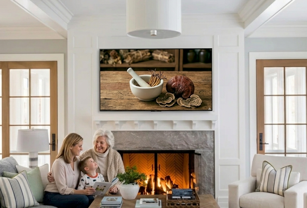 Family in a bright living room by a fire, with a TV displaying traditional medicinal herbs and a mortar and pestle.