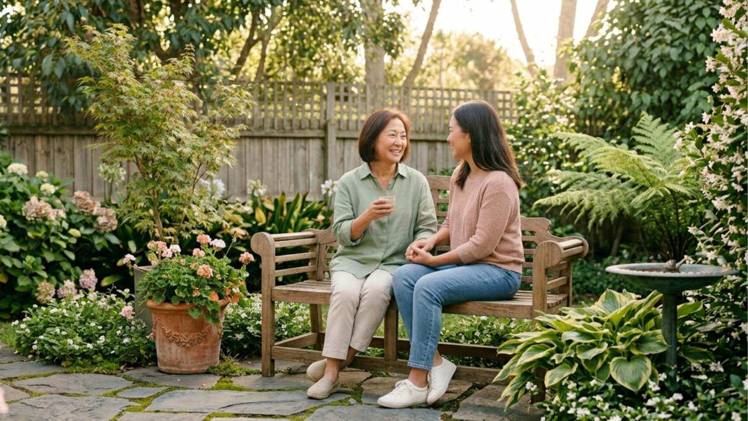 An older and a younger woman sit together smiling on a garden bench.