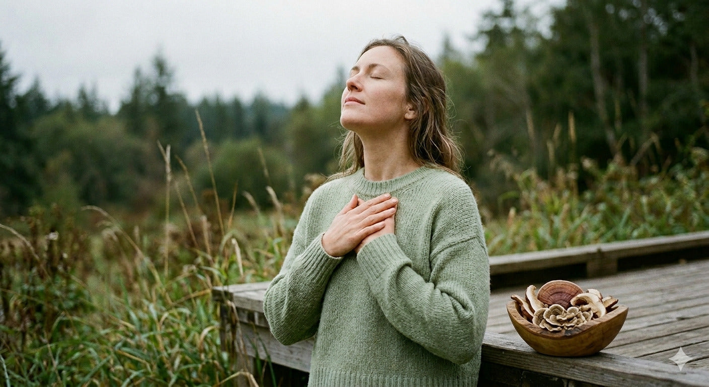 A woman standing outdoors on a wooden deck taking a deep, unrestricted breath, representing open airways and natural seasonal wellness support.
