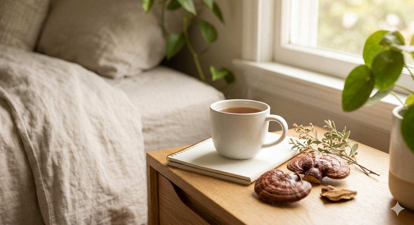 A peaceful Sunday morning reset scene featuring a cup of tea, a notebook, and traditional dried Reishi mushrooms in soft light.