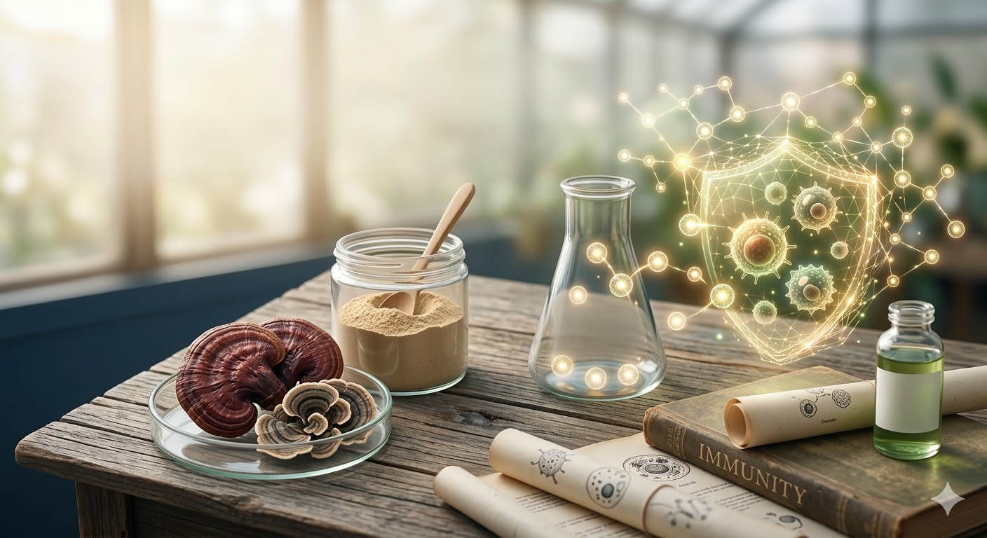 A wood desk with Reishi mushrooms and a glowing shield, showing how functional fungi provide the biological tools for lasting immune resilience.