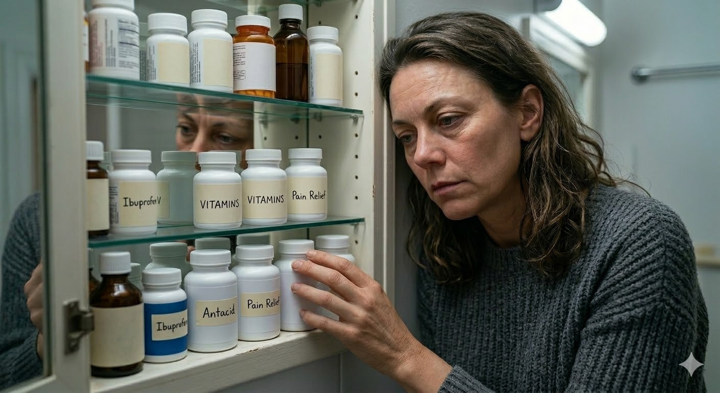Weary woman looks into an open medicine cabinet filled with bottles, feeling overwhelmed by a vitamin C routine that fails to provide immune resilience.