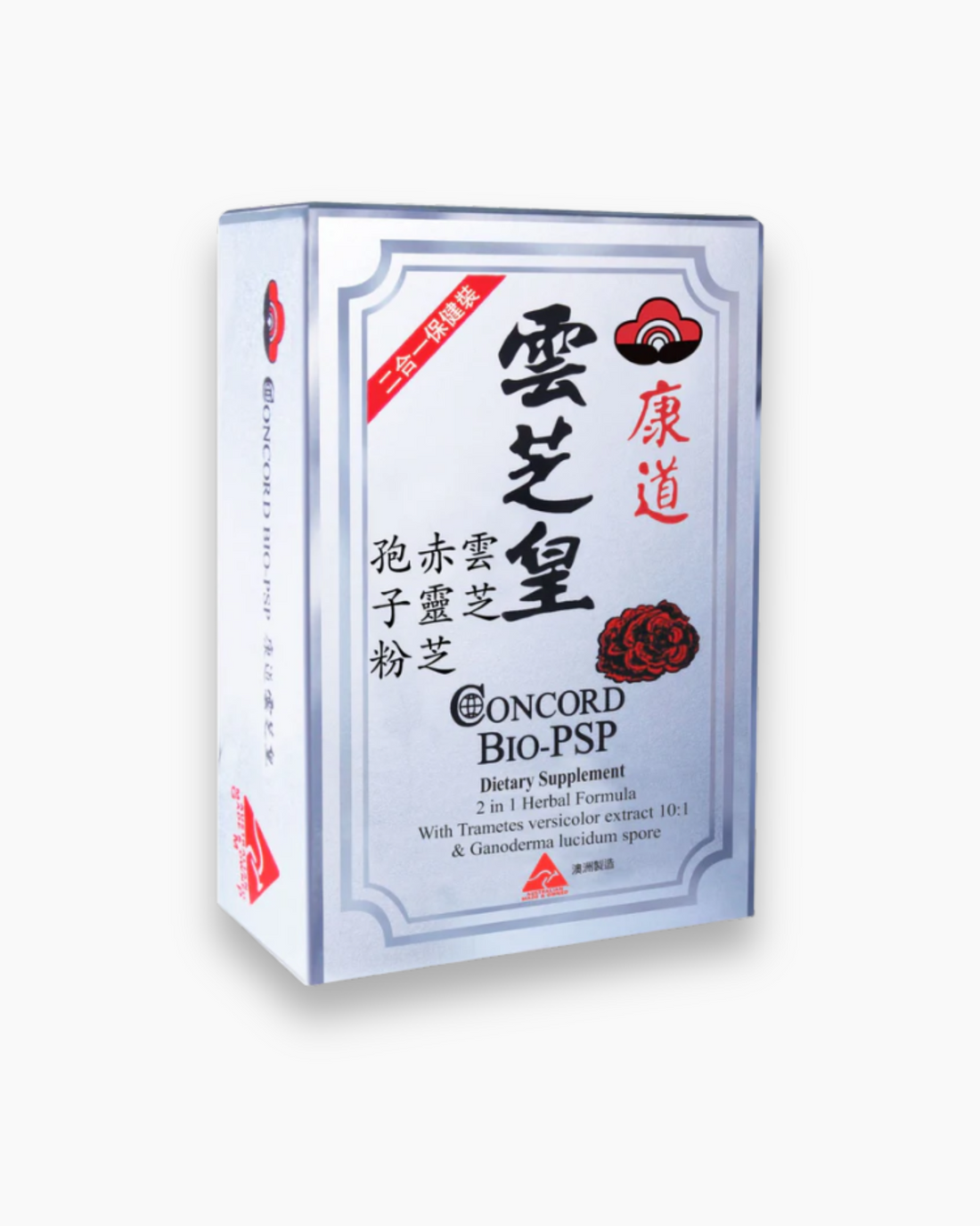 Box of Concord Bio PSP dietary supplement capsules with information in Chinese characters, English text, and a red and white color scheme.