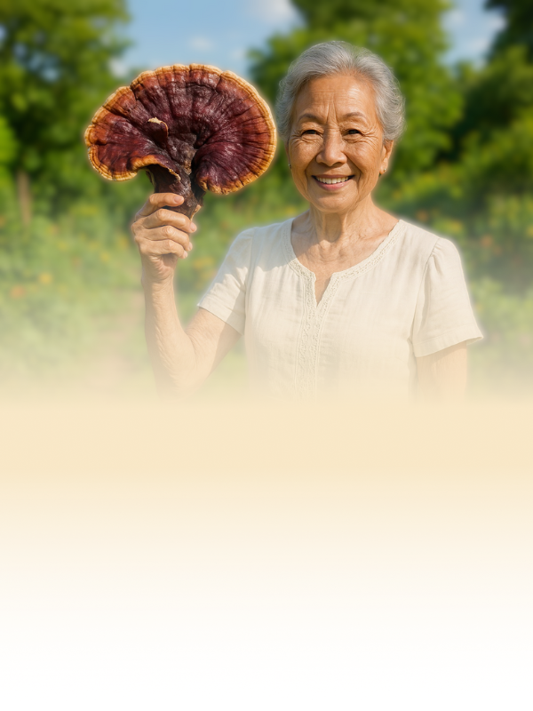 Elder woman holding ganoderma in an outdoor setting