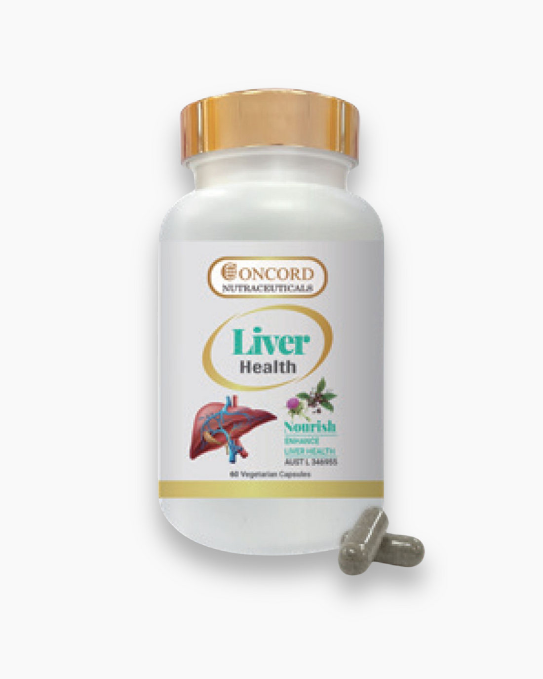 A bottle of Concord Liver Health supplements with capsules spilling out in front of it.