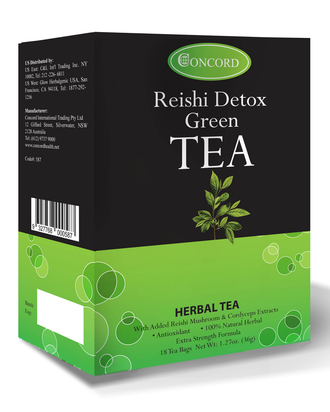 Box of Concord Reishi Detox Green Tea background removed.