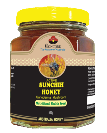 Jar of Concord Sunchih Honey with a yellow lid on a white background