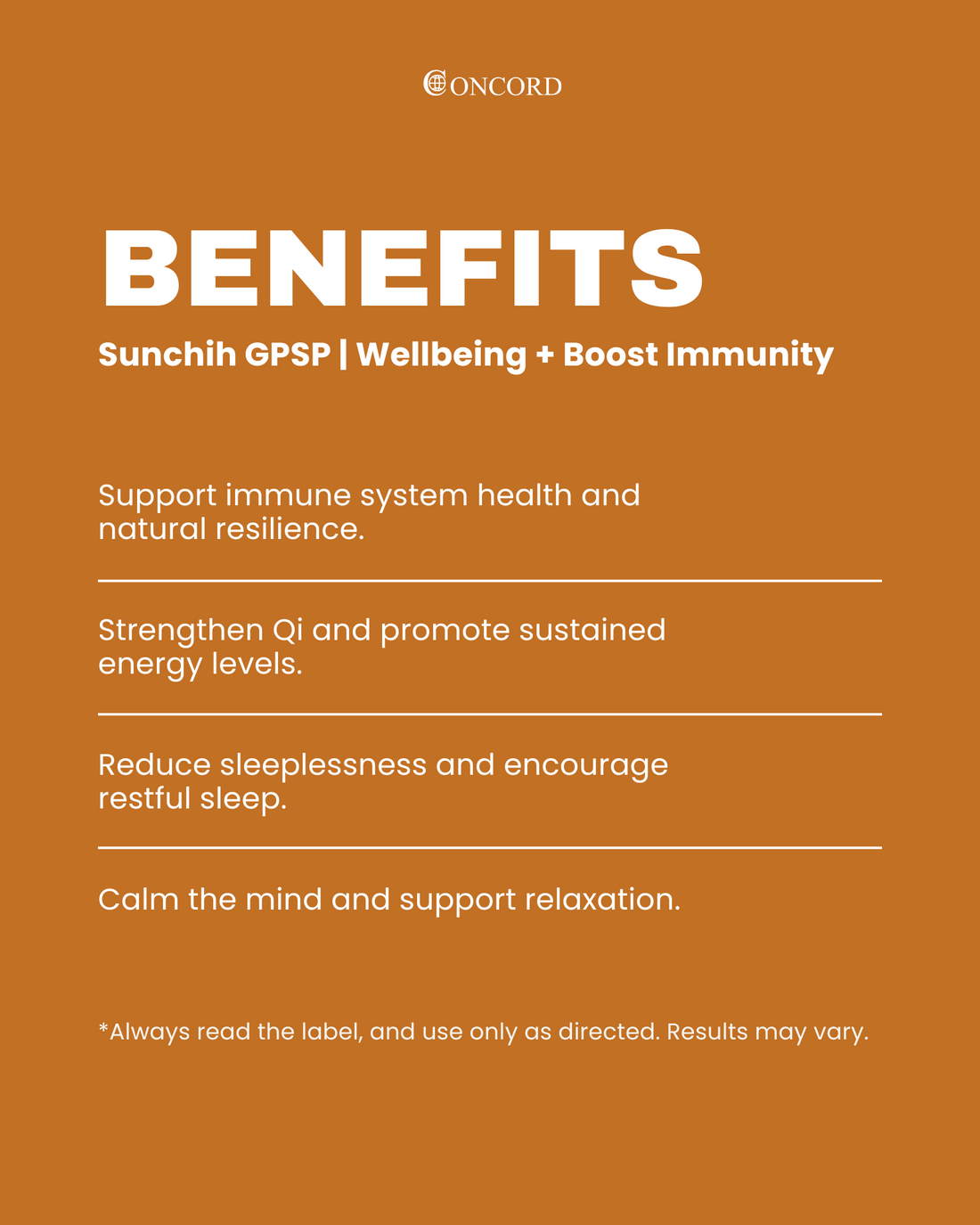 Concord Sunchih GPSP benefits for immune system support on a brown background