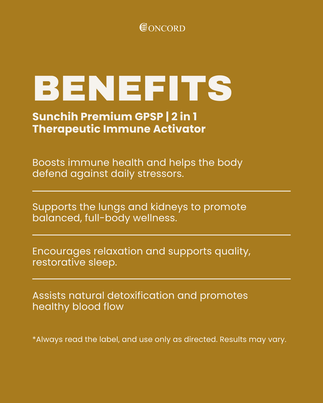 Concord Sunchih Premium GPSP 2 in 1 Therapeutic Immune Activator benefits on a brown background