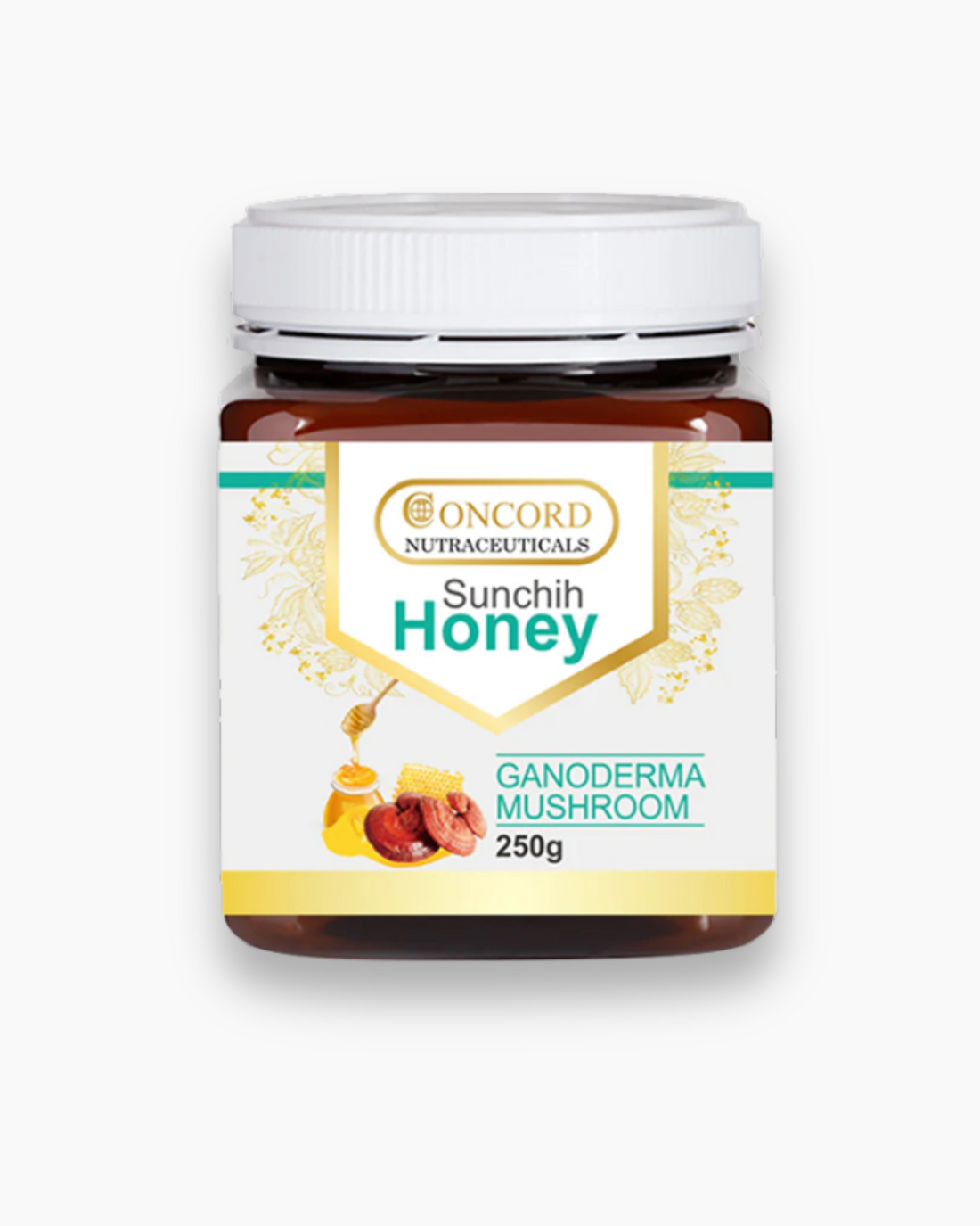 A jar of Concord Sunchih Honey with Ganoderma lucidum, also known as Reishi, labeled as a 250g product.
