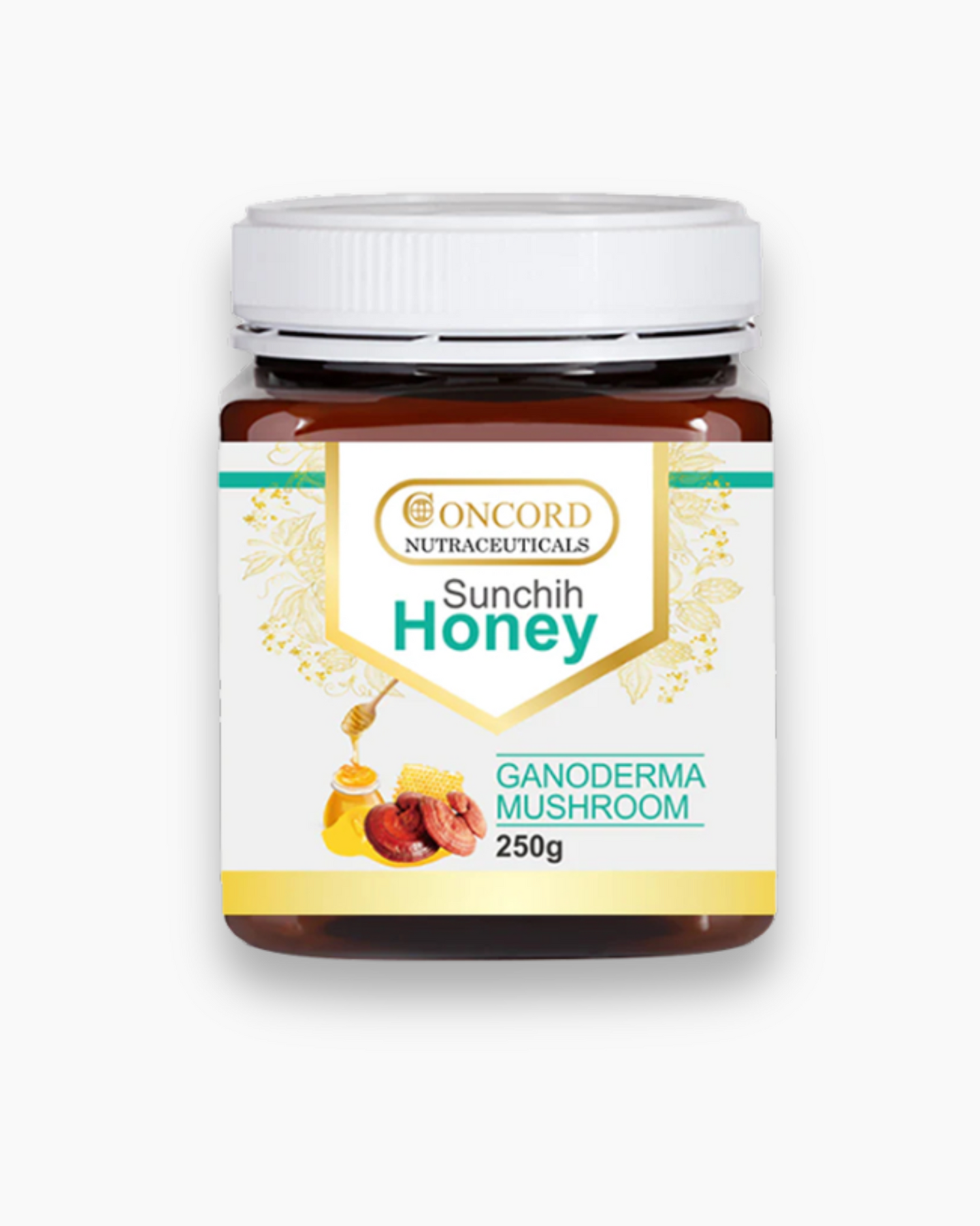 A jar of Concord Sunchih Honey with Ganoderma lucidum, also known as Reishi, labeled as a 250g product.