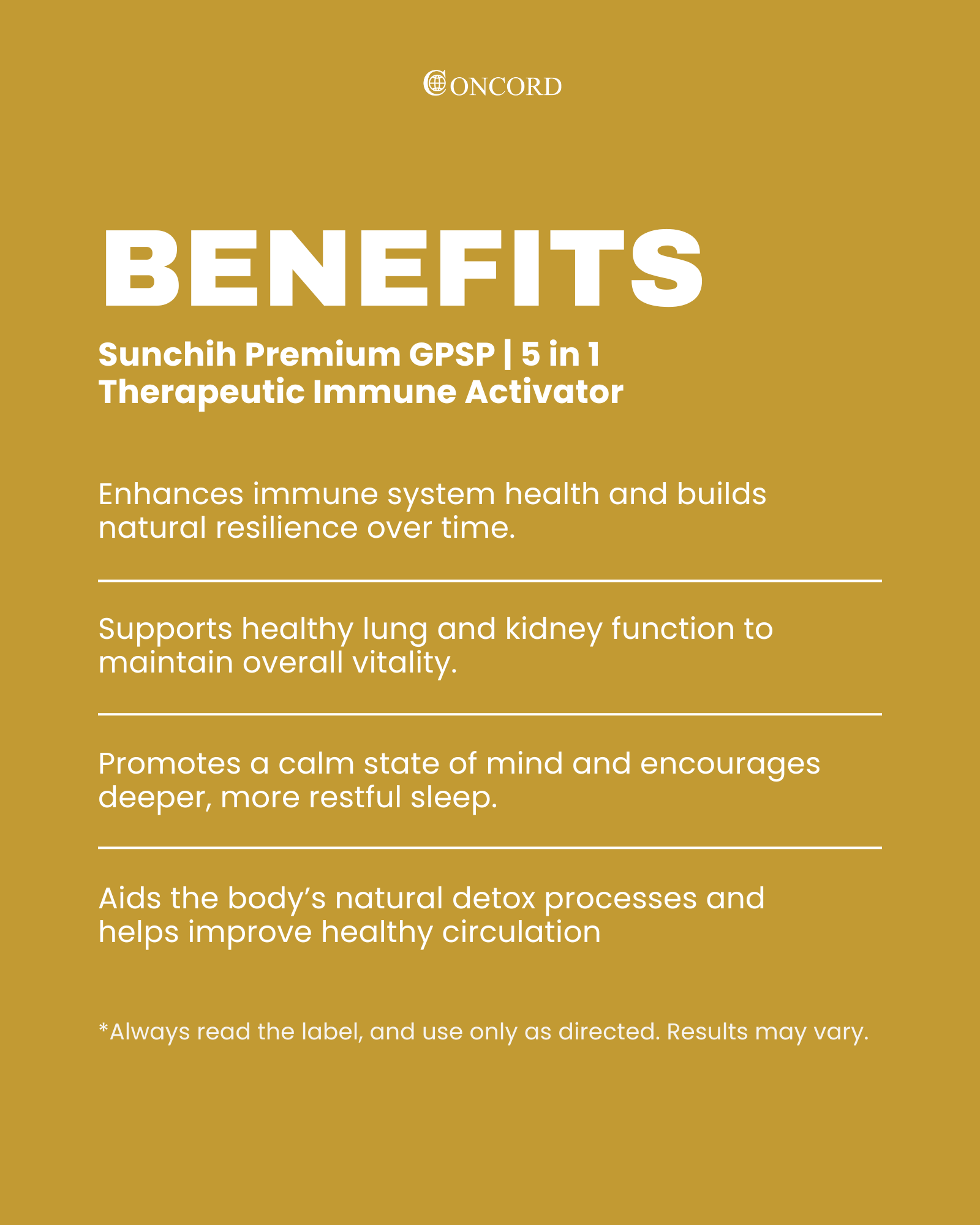 Concord Sunchih Premium GPSP 5 in 1 Therapeutic Immune Activator benefits on a gold background