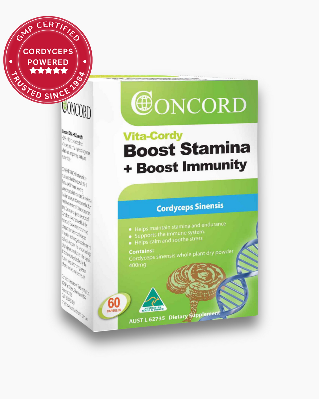 Concord Vita-Cordy supplement box with green and white design on a white background
