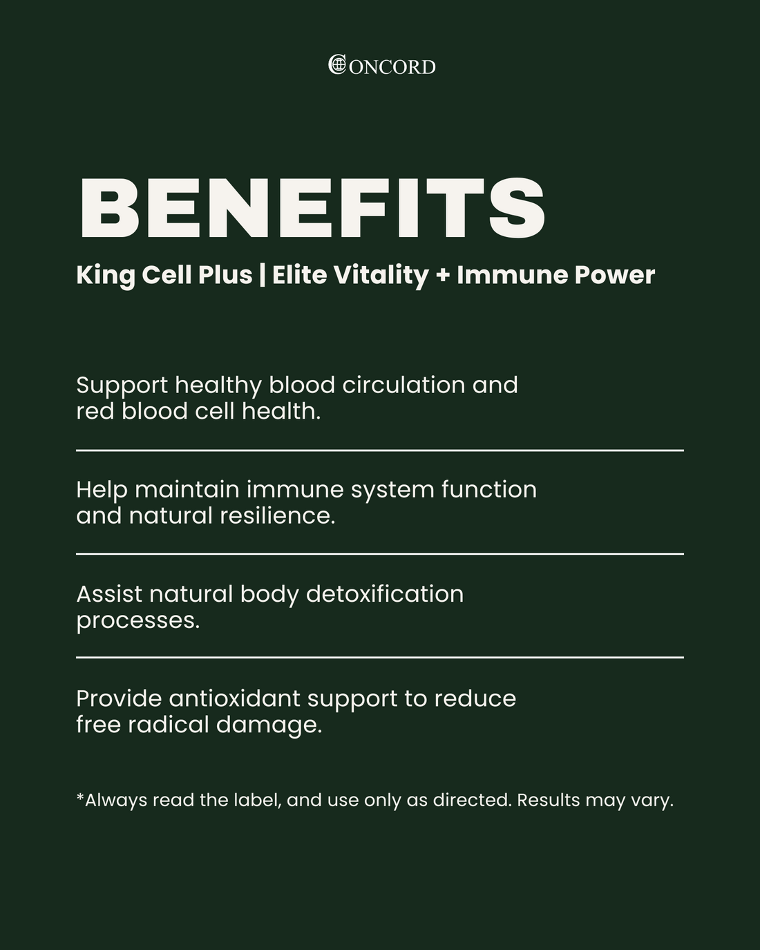 Product benefits list for King Cell Plus on a black background with Concord branding.