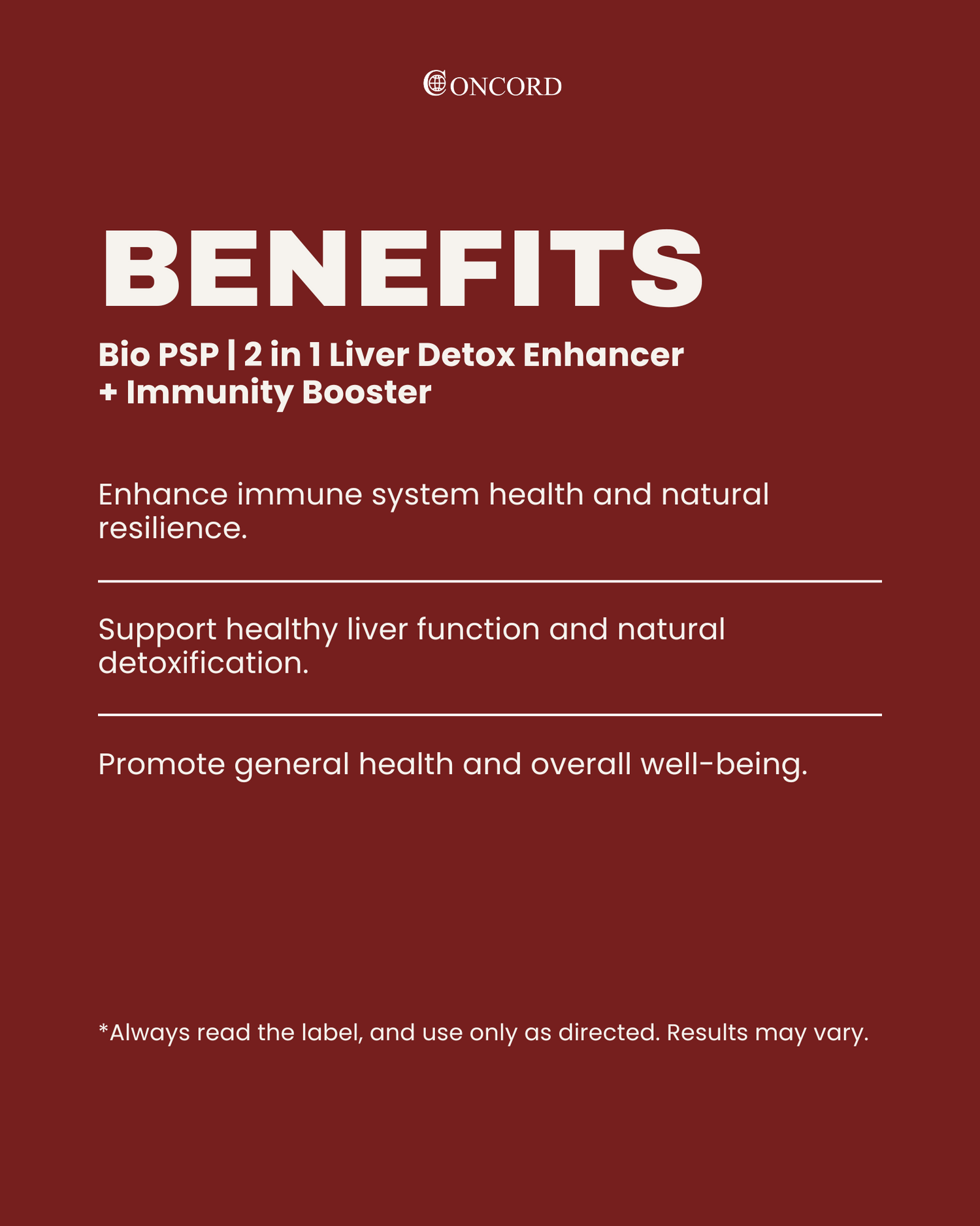 Concord Bio PSP 2 in 1 Liver Detox Enhancer + Immunity Booster benefits on a red background
