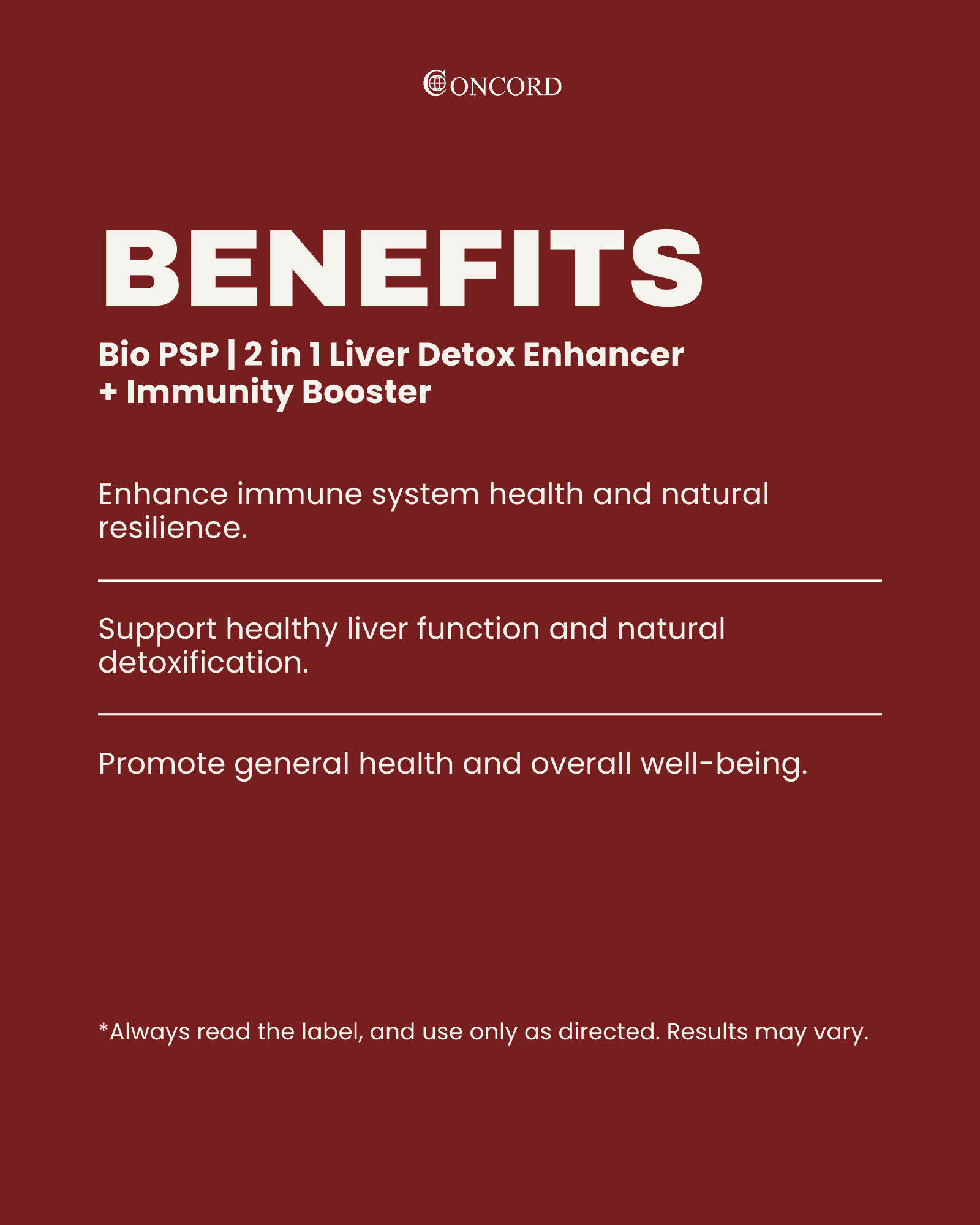 Concord Bio PSP 2 in 1 Liver Detox Enhancer + Immunity Booster benefits on a red background