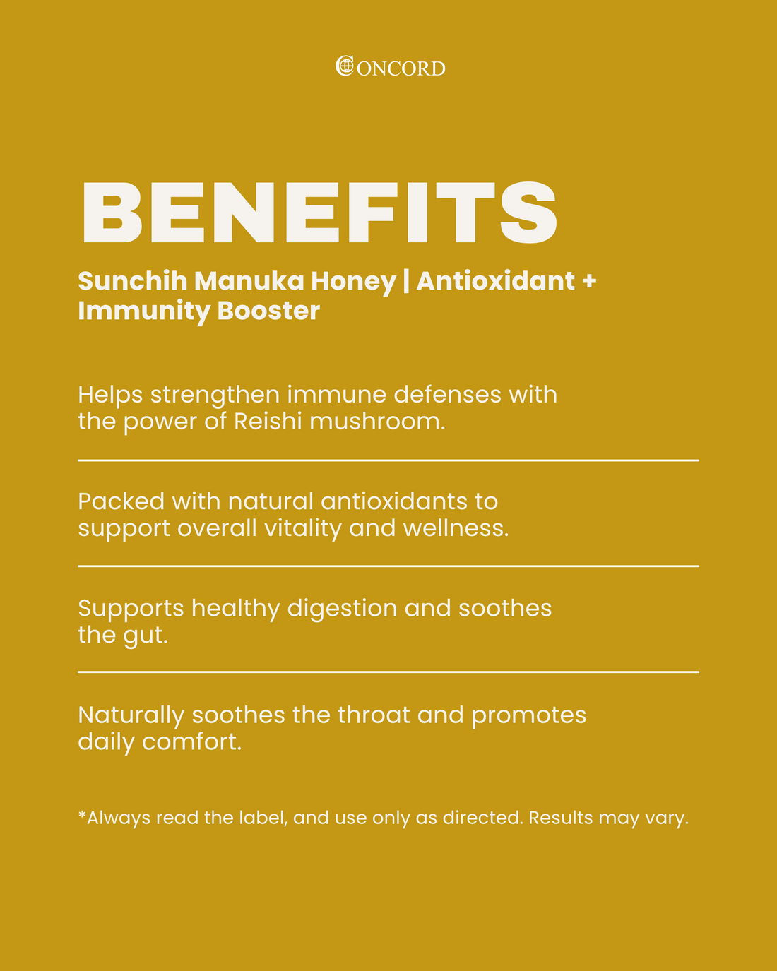 Concord Sunchih Manuka Honey benefits text on a yellow background