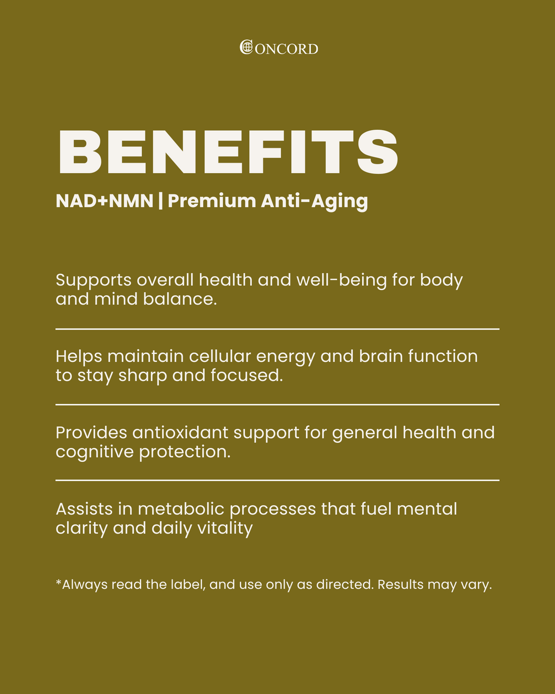 Concord NAD+NMN premium anti-aging benefits on a green background