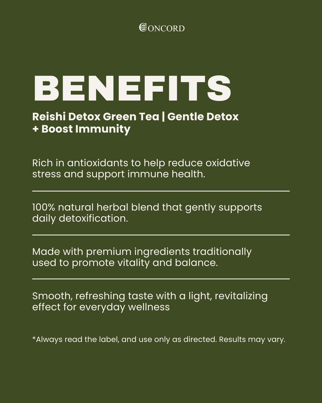 Concord Reishi Detox Green Tea benefits listed on a green background.