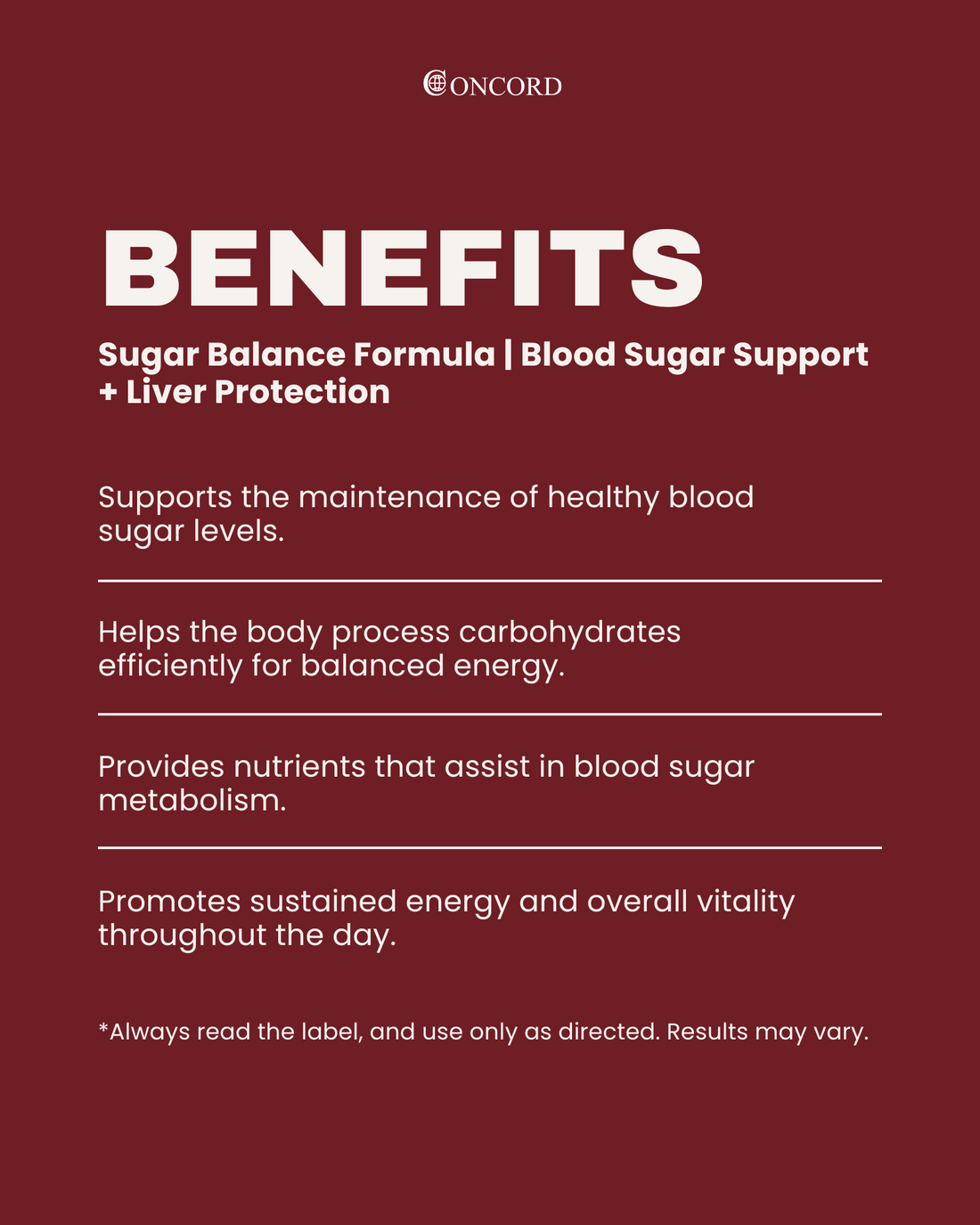 Concord Sugar Balance Formula benefits on a red background