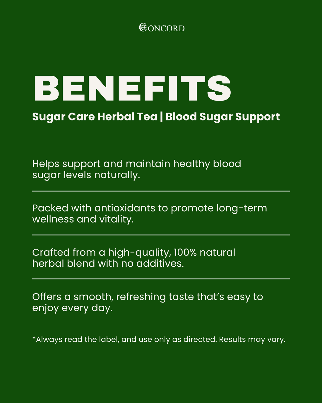 Concord Sugar Care Herbal Tea benefits on a green background.