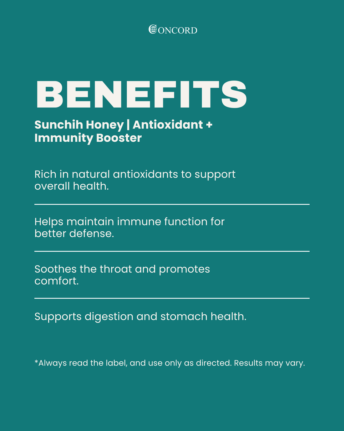Concord Sunchih Honey benefits text on a teal background