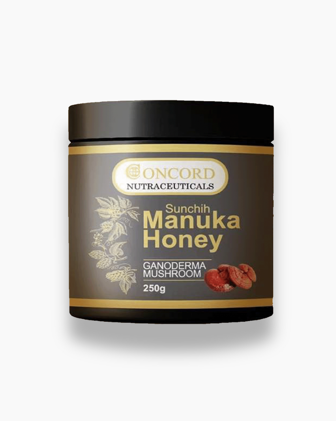 A jar of Concord Nutraceuticals Sunchih Manuka Honey with Reishi. The label is predominantly black and gold with an image of the honeycomb and mushrooms, indicating the product is a type of health supplement.
