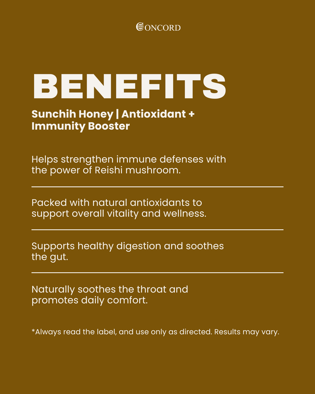Concord Sunchih Honey benefits text on a brown background