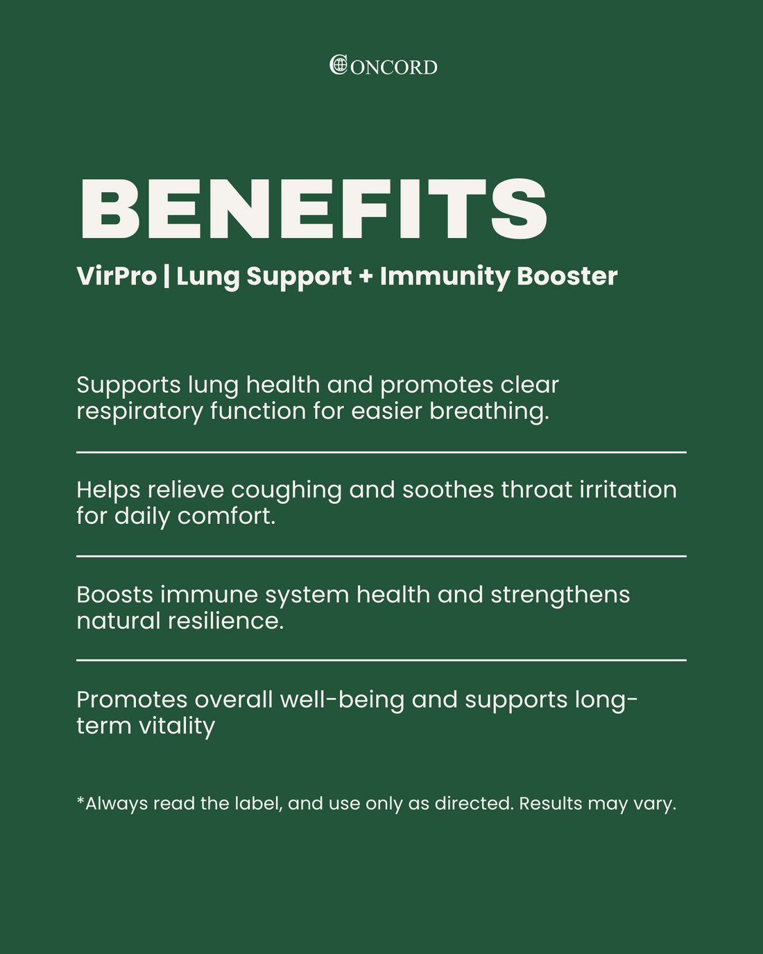 Concord VirPro Lung Support + Immunity Booster Benefits on a green background